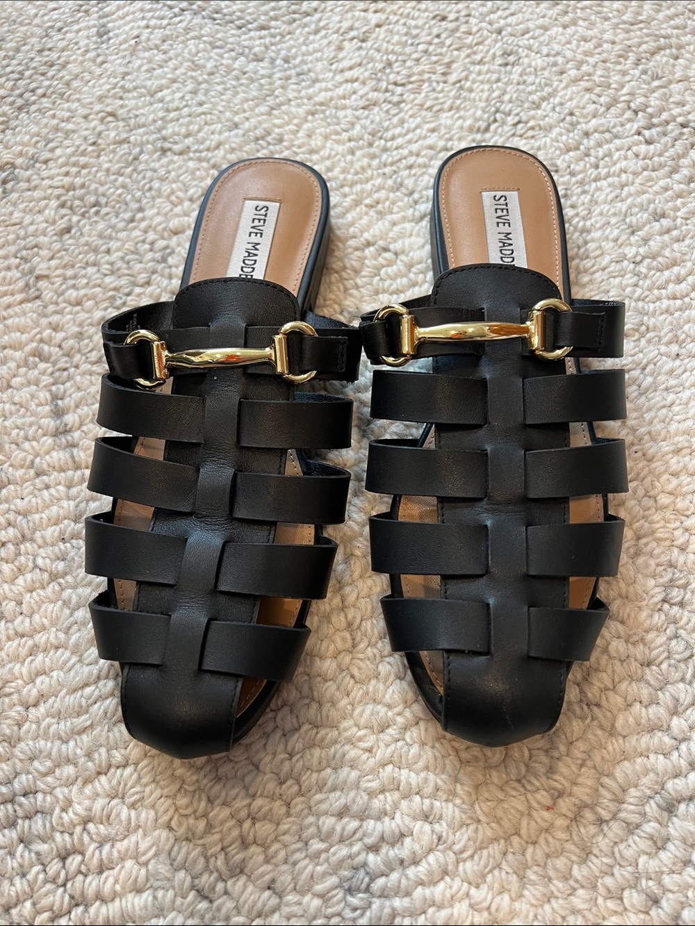 Steve Madden Black Woven Slide Sandals with Gold Hardware